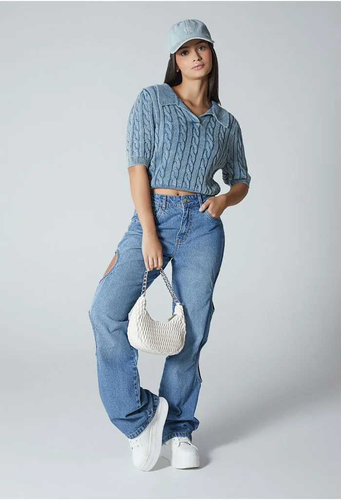 Blusa manga corta tejida con cuello polo